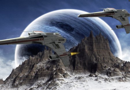 Star Wars - moon, people, sci-fi, space ship, planet