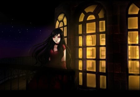 Take me Away - tears, anime, female, window, dress, gloomy, crying, long hair, dark, scary, door, gloom, sad, horror, scare, anime girl, hot, girl, darkness, cry, red eyes, black, sinister, black hair, cute, sexy