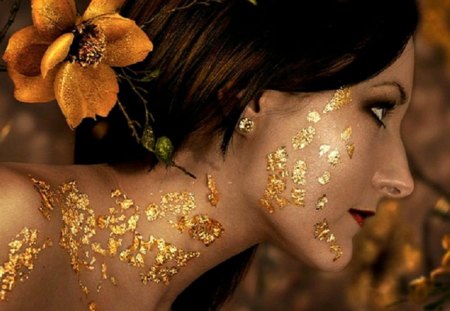 Lady of gold - face, artistic, flowers, gold, woman