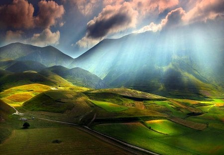 Sunrise on the Fields - nature, fields, mountains, sunrise