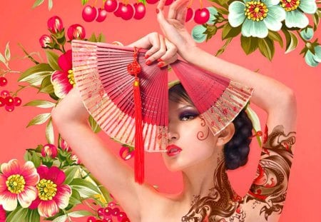 Sensation - woman, fan, art, girl, oriental, flowers