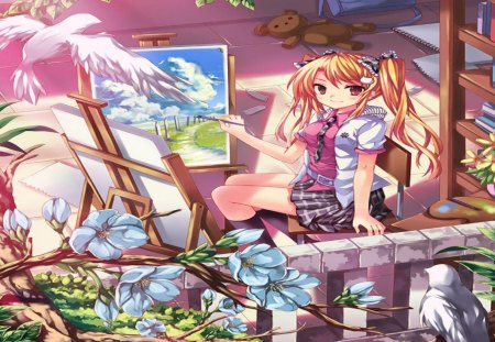 Art Room - colorful, paint, girl, cute, orginal, pixiv, art