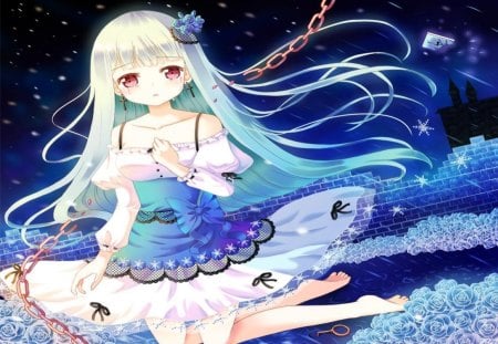 Sad Girl - tears, blue, orginal, dress, girl, night, long hair, kawai, cry, cute