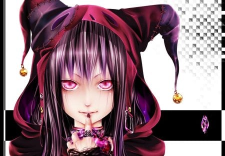 Amethyst - beauty, hat, girl, ring, black, gothic, white, purple, amethyst, pink, harlequin, anime, cute, pink eyes, manga