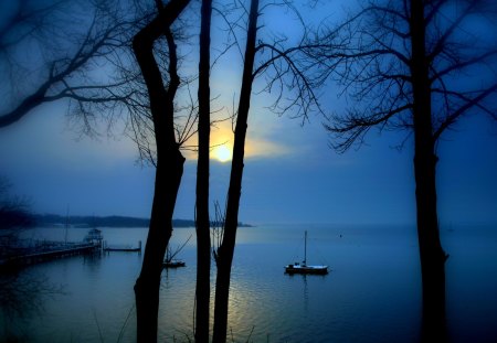 MISTY MORNING - misty, boats, trees, waterfall, lake, morning, dock