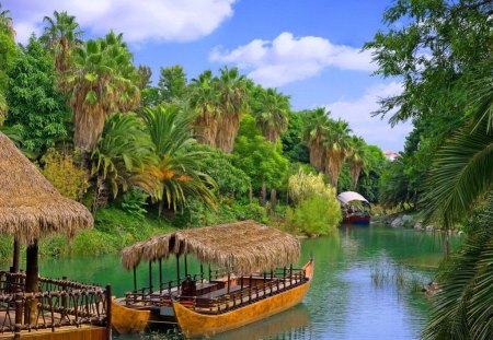 Exotic river cruise - pretty, grass, cruise, reflection, walk, riverbank, exotic, nice, hut, sky, clouds, palms, beautiful, vacation, travel, lovely, river, nature