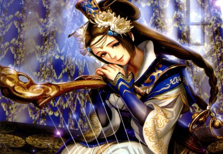 BEAUTIFUL HARPIST - harp, game, character, Cai Wenji