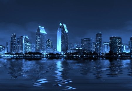 san diego waterfront in blue - shimmer, skyscrapers, waterfront, city, bloe