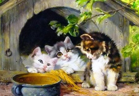 Cute kittens in the yard - nice, fluffy, kittens, pets, kitties, painting, art, pretty, tree, house, cute, adorable, yard, playing, lovely, beautiful, cats, sweet, friends