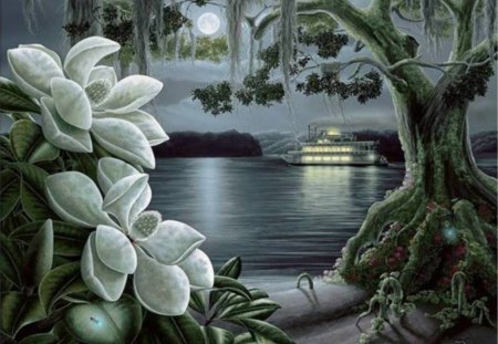 HAPPY CRUISING! - ocean, trees, water, cruise ship, cruise, icecicles, ship, big petals, flowers