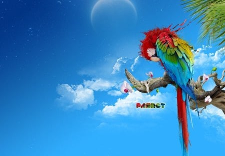 THE PARROT - moon, windows, sky, seven, branch, cloud, parrot, leaves, new