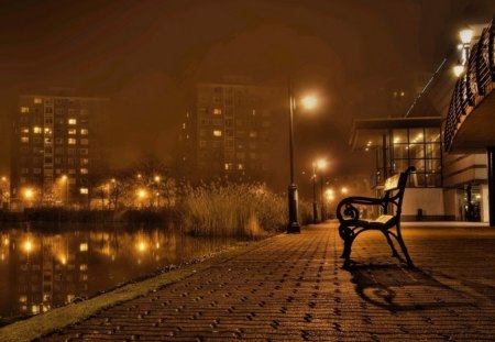 Golden Silence - night, bench, silence, lights