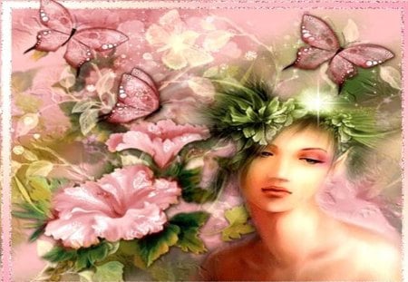 Mystical Lady - hibiscus, elfin lady, tropical, flowers, butterflies