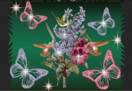 Fantasy Garden - flowers, stars, humming birds, butterflies