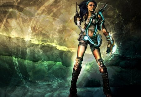 Fantasy Warrior - woman, gun, warrior, boots, cave, weapons, protector