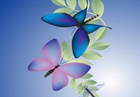 Butterfly blues - leaves, dragonfly, blue, butterflies