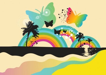 Rainbows and Butterflies - palms, rainbows, butterflies