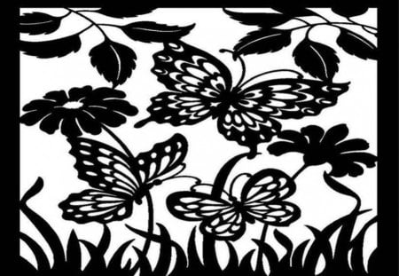 Black and White - white, butterfly, silhouette, flowers, black