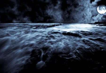 magnificent full moon over rocky shore - moon, clouds, night, shore, sea, rocks