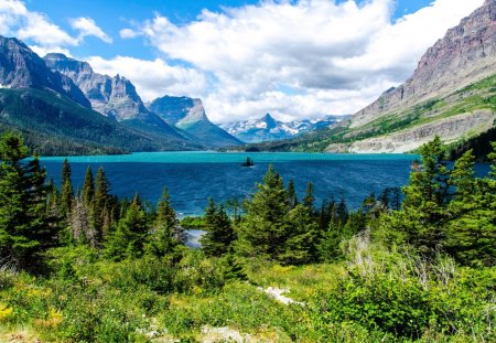 gorgeous mountain lake - lake, mountains, clouds, island, trees