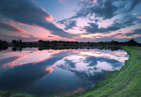 wonderful reflection at sundown - clouds, sundown, lake, grass, reflection