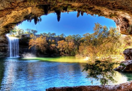 stupendous waterfall at a cave hdr - trees, cliff, hdr, cave, waterfall, pool