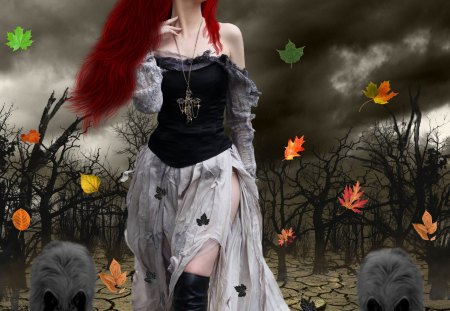 ✫Splendor of Death✫ - pretty, female, dress, photomanipulation, eyelashes, emotional, leaves, dark, flowers, plants, face, cracked soil, women, trees, beautiful, digital art, models, colors, lovely, cool, hair, wolves, girls, colorful, redhead, bright, cute, animals