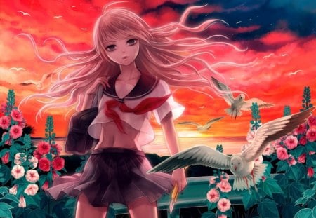 Dangerous - anime, female, windy, night, evil, bag, long hair, dark, uniform, hd, sky, breeze, anime girl, penknife, girl, flower, owl, school uniform, wind, knife, sinister, cloud, floral