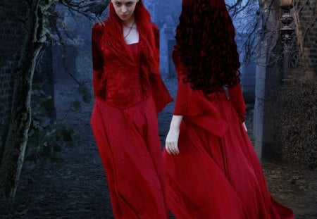 âœ«Double Red Hazardsâœ« - girls, women, photomanipulation, beautiful, models, double, redhead, gorgeous, bright, colorful, red, face, jeopardy, animals, pretty, raven, gothic, dark, digital art, crow, people, lovely, hazards, female, hair, colors