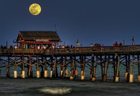 moon on the spring - beach, moon, house, sea