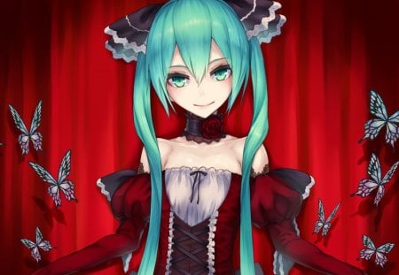 Hatsune Miku - female, hot, wings, anime girl, anime, miku, cute, hatsune miku, sexy, girl, twintails, long hair, vocaloids, hatsune, butterfly, green eyes, red, vocaloid, wing, green hair, dress