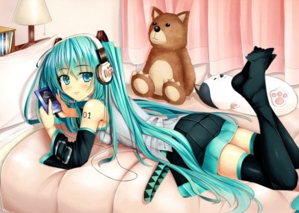 Hatsune Miku - miku, cute, vocaloids, hot, lying, anime girl, girl, ipod, teddy bear, phone, green hair, bed, stuffed animal, green eyes, vocaloid, headphone, anime, mobile, hd, twintails, handphone, toy, lamp, bear, long hair, sexy, female, hatsune miku, bedroon