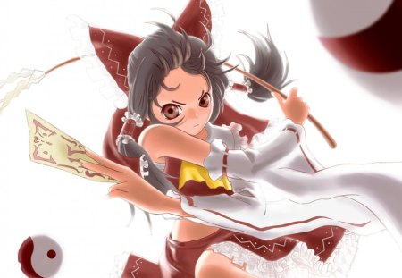 Shrine Maiden - female, brown eyes, hot, simple, anime girl, angry, brown hair, white, touhou, anime, reimu, ribbon, cute, talisman, sexy, mad, girl, long hair, hakurei reimu, plain, dress