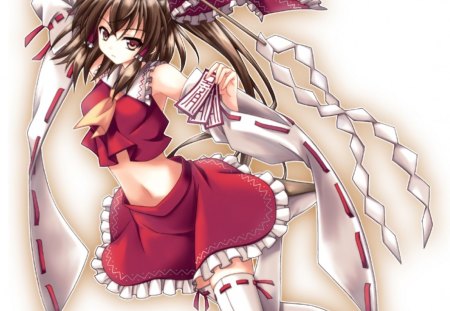 Shrine Maiden - anime, female, dress, mad, long hair, touhou, plain, ribbon, reimu, hakurei reimu, brown eyes, anime girl, hot, girl, simple, brown hair, angry, white, talisman, cute, sexy