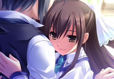 ♡ Love Hug ♡ - pretty, anime, female, guy, hud, long hair, happy, boy, male, hd, nice, anime girl, girl, lovely, brown hair, love, sweet, lover, couple