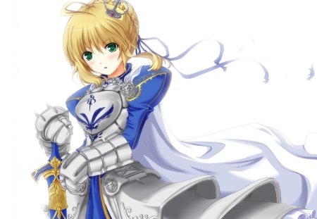 Saber - saber, anime, tiara, female, warrior, crown, blonde, blond hair, green eyes, long hair, armor, blond, plain, ribbon, hd, weapon, anime girl, royalty, hot, girl, sword, simple, blonde hair, knight, blade, white, braids, cute, sexy, fate stay night, excalibur