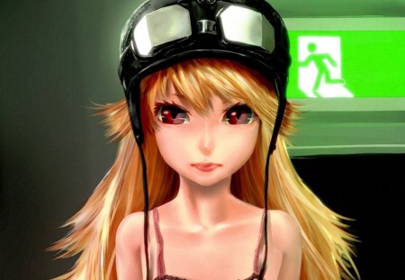 Oshino Shinobu - cute, blond hair, blonde, hot, anime girl, girl, blond, blonde hair, bakemonogatari, 3d, evil, helmet, anime, sinister, hd, mad, shinobu, cg, long hair, angry, sexy, female, realistic