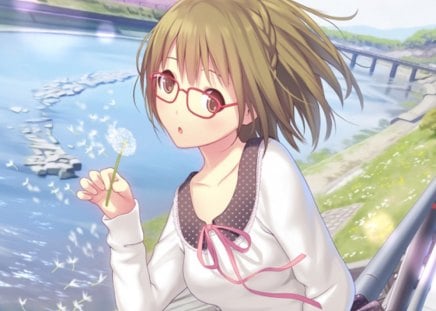 Dandelion - female, hot, glasses, water, sunglasses, anime girl, brown hair, petals, river, dandelion, anime, blouse, ribbon, short hair, cute, sexy, hd, floral, flower