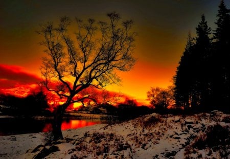 WINTER SUNSET - lake, sky, landscape, water, winter, wallpaper, sunset, hd, nature, reflection, dawn, snow, dusk, sunrise, scene