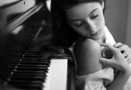 Musical Sensation - girl, hair, music, keys, instrument, listening, piano, ivory, ebony, tunes