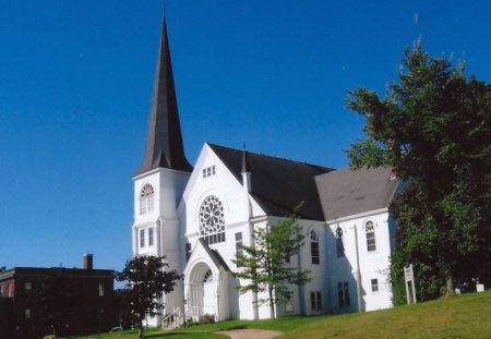 White Church - doors, windows, lawn, Blue Skyes, tree, Blue skyes lawn tree