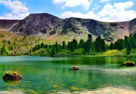 Green mountain lake - nice, slope, sky, trees, riverbank, calm, reflection, pretty, river, emerald, green, watyer, lake, hills, summer, shore, lovely, nature, beautiful, island