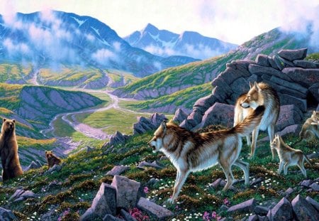 Wolf and Bear Family - nature, cub, predators, artwork, landscape, mountains