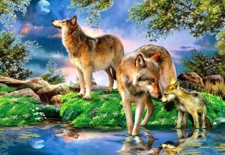 She-wolves - nice, sky, animals, creek, painting, art, pretty, reflection, river, pond, branches, lake, mother, lovely, wolf, nature, lonely, forest, she-wolves, wild, beautiful