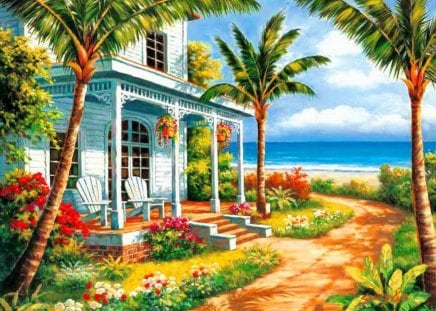 Summer house - cottage, nice, beach, colorful, countryside, path, coast, vacation, art, pretty, house, alleys, dea, palm trees, ocean, palms, summer, lovely, exotic, nature, beautiful, rest, flowers, sea