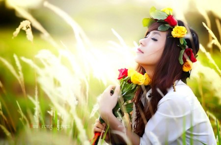 SPRING in ASIA - beauty, girl, wreath, flowers, field, asian