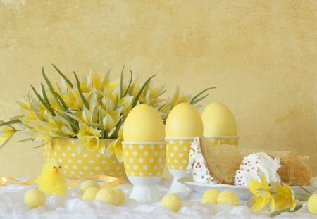 Easter Still Life - eggs, flowers, yellow, daffodils, special days, Easter, still life