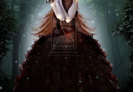 ~Friend at Night~ - pretty, birds, female, dress, night, photomanipulation, dark, shining, forests, plants, friends, women, trees, beautiful, digital art, models, lovely, hair, girls, owl, dazzling, cute, animals