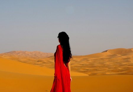 Sahara Girl - woman, girl, photography, long hair, wallpaper, arabic, beautiful, red, desert, dress