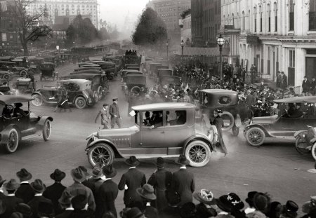 vintage washington dc in the roaring 20's - street, people, traffic, city, trams, cars